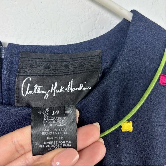 ANTHONY MARK HANKINS COLORFUL NAVY PINK ORANGE YELLOW GREEN DRESS SIZE 14 - Picture 4 of 5